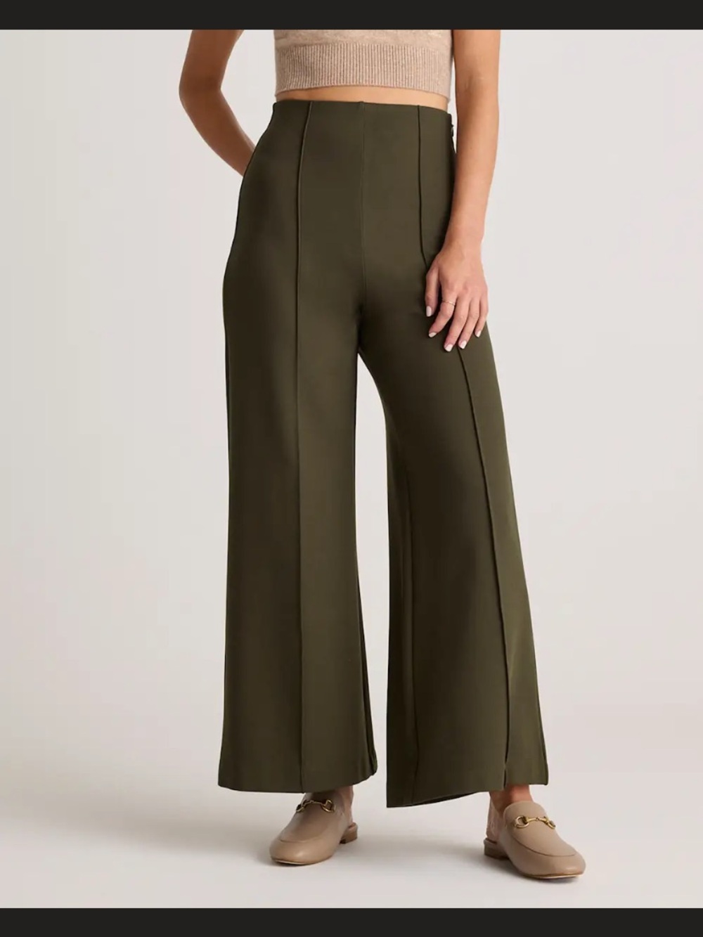 Quince Ultra-Stretch Ponte Super Wide Leg Pants Olive Green Large